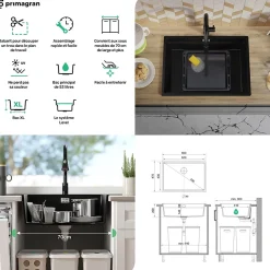 PRIMAGRAN Evier Cuisine en Granit Graphite 66x47cm, Lavabo 1 bac + Kit de Vidage + Accessoires, Évier à Encastrer au meuble 70cm