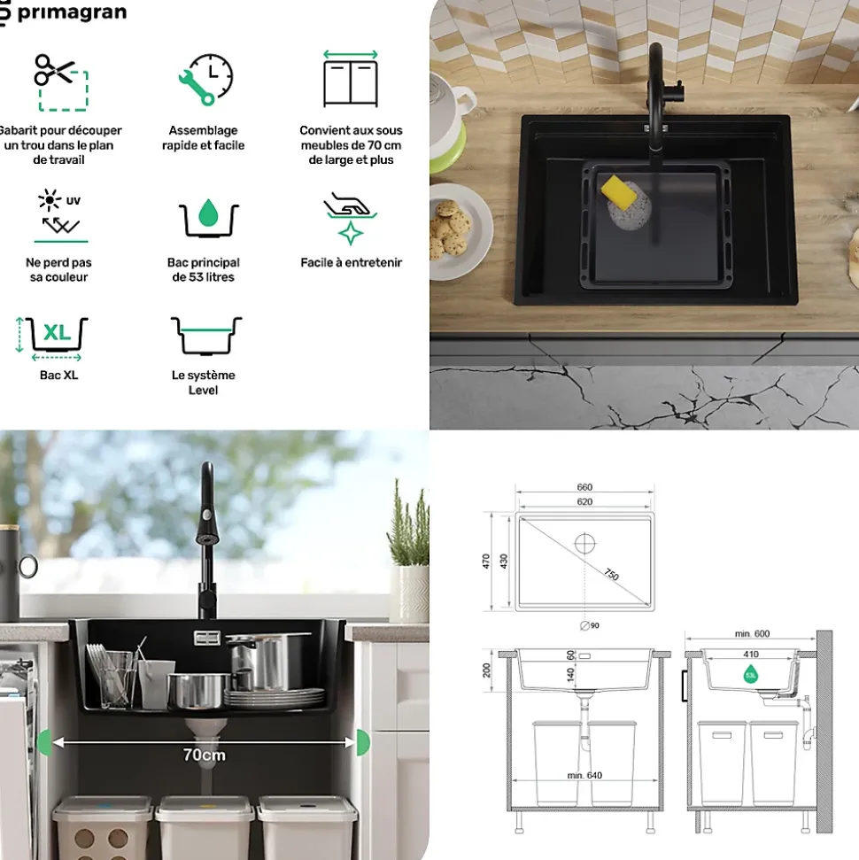 PRIMAGRAN Evier Cuisine en Granit Graphite 66x47cm, Lavabo 1 bac + Kit de Vidage + Accessoires, Évier à Encastrer au meuble 70cm