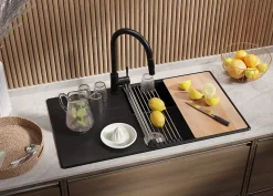 PRIMAGRAN Evier Cuisine en Granit Noir 90x50cm, Lavabo 1 bac + Kit de Vidage + Accessoires, Évier à Encastrer au meuble 60cm