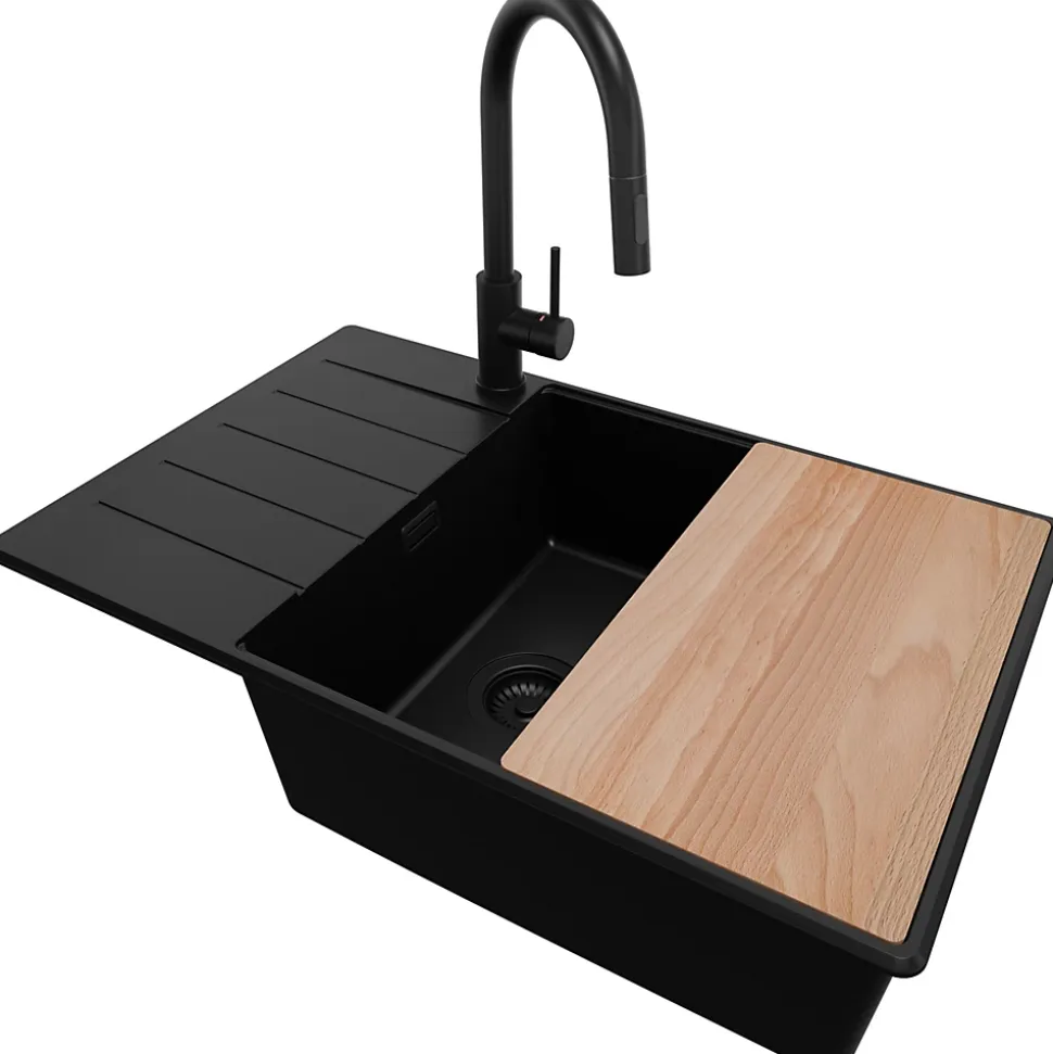 PRIMAGRAN Evier Cuisine en Granit Tout Noir 78x50cm, Lavabo 1 bac + Kit de Vidage + Accessoires, Évier à Encastrer au meuble 60cm