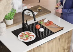 PRIMAGRAN Evier Cuisine en Granit Tout Noir 78x50cm, Lavabo 1 bac + Kit de Vidage + Accessoires, Évier à Encastrer au meuble 60cm