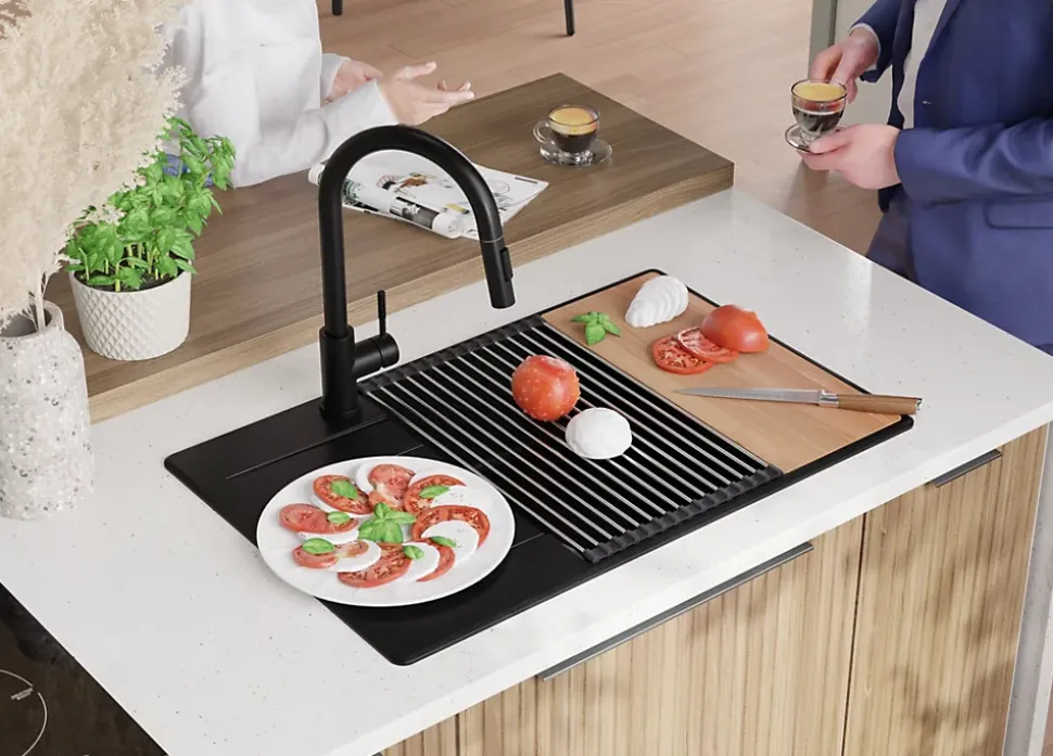 PRIMAGRAN Evier Cuisine en Granit Tout Noir 78x50cm, Lavabo 1 bac + Kit de Vidage + Accessoires, Évier à Encastrer au meuble 60cm