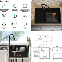PRIMAGRAN Evier Cuisine en Granit Tout Noir 78x50cm, Lavabo 1 bac + Kit de Vidage + Accessoires, Évier à Encastrer au meuble 60cm