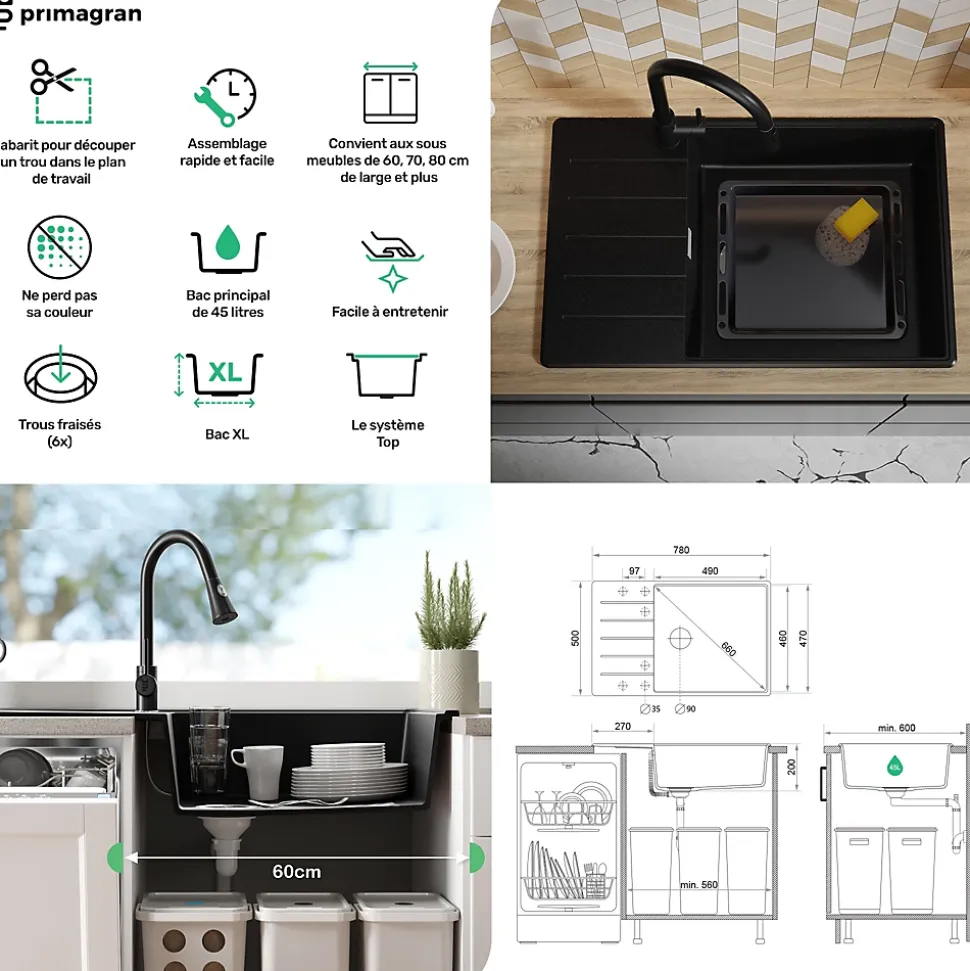 PRIMAGRAN Evier Cuisine en Granit Tout Noir 78x50cm, Lavabo 1 bac + Kit de Vidage + Accessoires, Évier à Encastrer au meuble 60cm