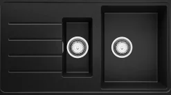 PRIMAGRAN Evier Cuisine en Granit Noir 90x50cm, Lavabo 1,5 bacs + Kit de Vidage + Accessoires, Évier à Encastrer au meuble 60cm