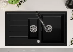 PRIMAGRAN Evier Cuisine en Granit Noir 90x50cm, Lavabo 1,5 bacs + Kit de Vidage + Accessoires, Évier à Encastrer au meuble 60cm