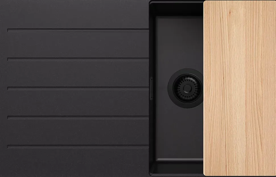 PRIMAGRAN Evier Cuisine en Granit Tout Noir 78x50cm, Lavabo 1 bac + Kit de Vidage + Accessoires, Évier à Encastrer au meuble 45cm