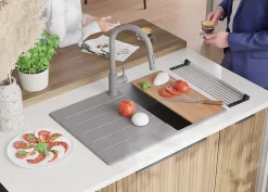 PRIMAGRAN Evier Cuisine en Granit Gris 70x50cm, Lavabo 1 bac + Kit de Vidage + Accessoires, Évier à Encastrer au meuble 40cm