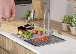 PRIMAGRAN Evier Cuisine en Granit Gris 70x50cm, Lavabo 1 bac + Kit de Vidage + Accessoires, Évier à Encastrer au meuble 40cm
