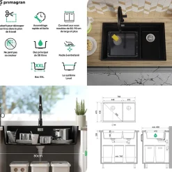 PRIMAGRAN Evier Cuisine en Granit Blanc 76x47cm, Lavabo 2 bacs + Kit de Vidage + Accessoires, Évier à Encastrer au meuble 80cm