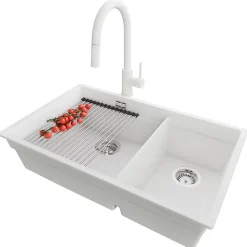 PRIMAGRAN Evier Cuisine en Granit Blanc 76x47cm, Lavabo 2 bacs + Kit de Vidage + Accessoires, Évier à Encastrer au meuble 80cm