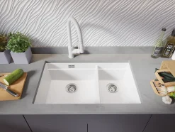 PRIMAGRAN Evier Cuisine en Granit Blanc 76x47cm, Lavabo 2 bacs + Kit de Vidage + Accessoires, Évier à Encastrer au meuble 80cm