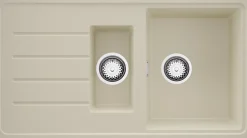 PRIMAGRAN Evier Cuisine en Granit Beige 90x50cm, Lavabo 1,5 bacs + Kit de Vidage + Accessoires, Évier à Encastrer au meuble 60cm