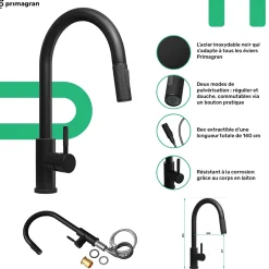 PRIMAGRAN Evier Cuisine en Granit Noir 90x50cm, Lavabo 1,5 bacs + Kit de Vidage + Accessoires, Évier à Encastrer au meuble 60cm