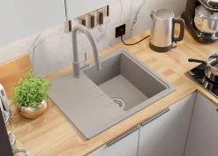 PRIMAGRAN Evier Cuisine en Granit Gris 62x50cm, Lavabo 1 bac + Kit de Vidage, Évier à Encastrer au meuble 40cm - Milan