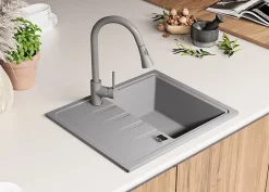 PRIMAGRAN Evier Cuisine en Granit Gris 62x50cm, Lavabo 1 bac + Kit de Vidage, Évier à Encastrer au meuble 40cm - Milan