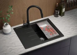 PRIMAGRAN Evier Cuisine en Granit Noir 62x50cm, Lavabo 1 bac + Kit de Vidage, Évier à Encastrer au meuble 40cm - Milan