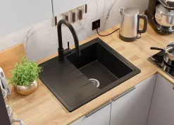PRIMAGRAN Evier Cuisine en Granit Noir 62x50cm, Lavabo 1 bac + Kit de Vidage, Évier à Encastrer au meuble 40cm - Milan
