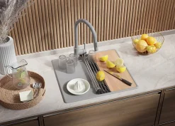 PRIMAGRAN Evier Cuisine en Granit Gris 55x50cm, Lavabo 1 bac + Kit de Vidage + Accessoires, Évier à Encastrer au meuble 40cm