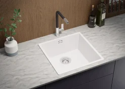 PRIMAGRAN Evier Cuisine en Granit Blanc 46x47cm, Lavabo 1 bac + Kit de Vidage, Évier à Encastrer au meuble 50cm - London Slim