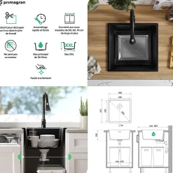 PRIMAGRAN Evier Cuisine en Granit Blanc 46x47cm, Lavabo 1 bac + Kit de Vidage, Évier à Encastrer au meuble 50cm - London Slim