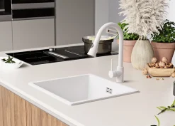PRIMAGRAN Evier Cuisine en Granit Blanc 46x47cm, Lavabo 1 bac + Kit de Vidage, Évier à Encastrer au meuble 50cm - London Slim