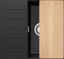 PRIMAGRAN Evier Cuisine en Granit Noir 55x50cm, Lavabo 1 bac + Kit de Vidage + Accessoires, Évier à Encastrer au meuble 40cm