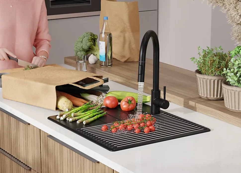 PRIMAGRAN Evier Cuisine en Granit Noir 55x50cm, Lavabo 1 bac + Kit de Vidage + Accessoires, Évier à Encastrer au meuble 40cm