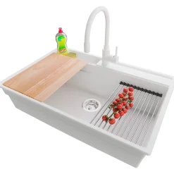 PRIMAGRAN Evier Cuisine en Granit Blanc 78x53cm, Lavabo 1 bac + Kit de Vidage + Accessoires, Évier à Encastrer au meuble 80cm