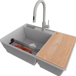 PRIMAGRAN Evier Cuisine en Granit Gris 78x53cm, Lavabo 2 bacs + Kit de Vidage + Accessoires, Évier à Encastrer au meuble 80cm