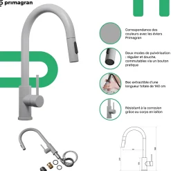 PRIMAGRAN Evier Cuisine en Granit Gris 78x53cm, Lavabo 2 bacs + Kit de Vidage + Accessoires, Évier à Encastrer au meuble 80cm