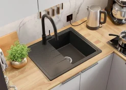 PRIMAGRAN Evier Cuisine en Granit Graphite 62x50cm, Lavabo 1 bac + Kit de Vidage, Évier à Encastrer au meuble 40cm - Milan