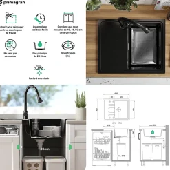 PRIMAGRAN Evier Cuisine en Granit Graphite 62x50cm, Lavabo 1 bac + Kit de Vidage, Évier à Encastrer au meuble 40cm - Milan