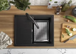 PRIMAGRAN Evier Cuisine en Granit Graphite 62x50cm, Lavabo 1 bac + Kit de Vidage, Évier à Encastrer au meuble 40cm - Milan