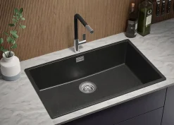 PRIMAGRAN Evier Cuisine en Granit Graphite 76x47cm, Lavabo 1 bac + Kit de Vidage, Évier à Encastrer au meuble 80cm - London Slim