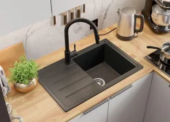 PRIMAGRAN Evier Cuisine en Granit Graphite 70x44cm, Lavabo 1 bac + Kit de Vidage + Accessoires, Évier à Encastrer au meuble 45cm