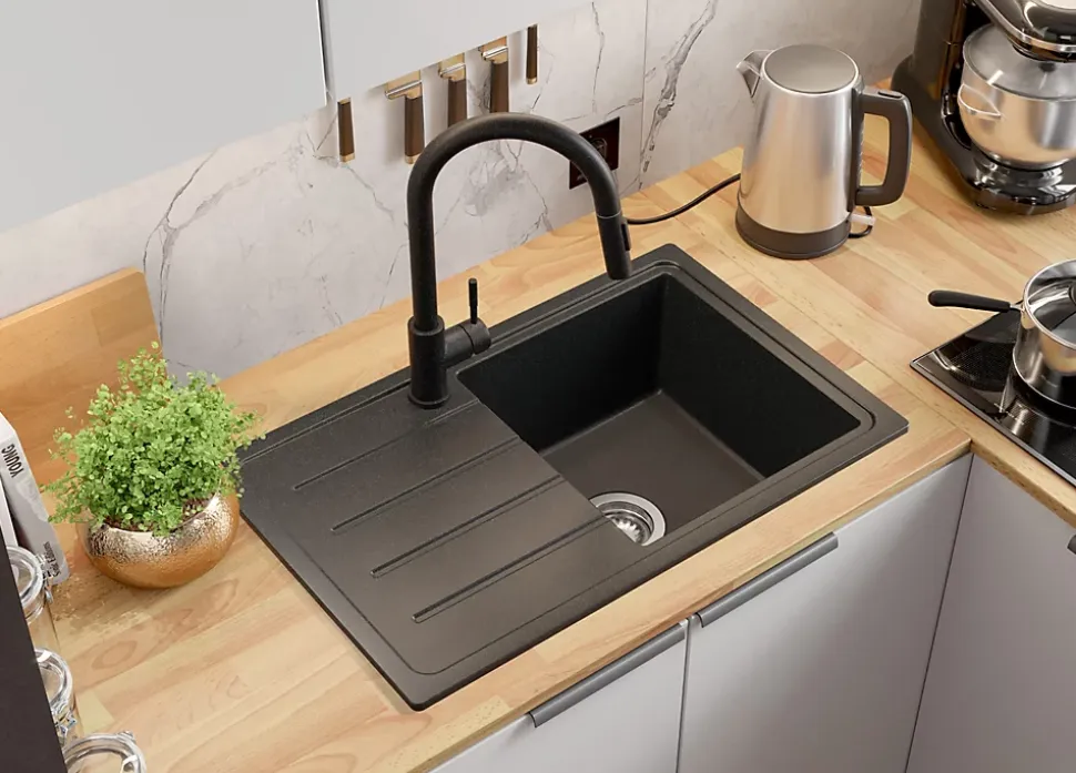 PRIMAGRAN Evier Cuisine en Granit Graphite 70x44cm, Lavabo 1 bac + Kit de Vidage + Accessoires, Évier à Encastrer au meuble 45cm
