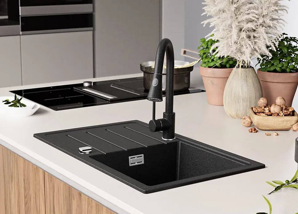 PRIMAGRAN Evier Cuisine en Granit Graphite 70x44cm, Lavabo 1 bac + Kit de Vidage + Accessoires, Évier à Encastrer au meuble 45cm