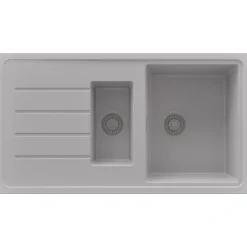 PRIMAGRAN Evier Cuisine en Granit Gris 90x50cm, Lavabo 1,5 bacs + Kit de Vidage + Accessoires, Évier à Encastrer au meuble 60cm
