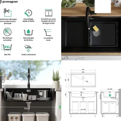 PRIMAGRAN Evier Cuisine en Granit Noir Métallisé 86x47cm, Lavabo 1 bac + Accessoires, Évier à Encastrer au meuble 90cm