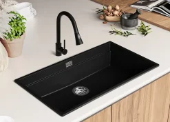 PRIMAGRAN Evier Cuisine en Granit Noir Métallisé 86x47cm, Lavabo 1 bac + Accessoires, Évier à Encastrer au meuble 90cm