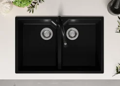 PRIMAGRAN Evier Cuisine en Granit Noir 78x50cm, Lavabo 2 bacs + Kit de Vidage, Évier à Encastrer au meuble 80cm - Madrid Twin