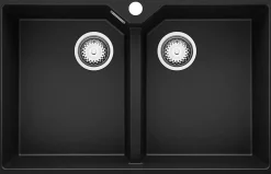 PRIMAGRAN Evier Cuisine en Granit Noir 78x50cm, Lavabo 2 bacs + Kit de Vidage, Évier à Encastrer au meuble 80cm - Madrid Twin