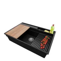 PRIMAGRAN Evier Cuisine en Granit Noir Métallisé 78x53cm, Lavabo 1 bac + Accessoires, Évier à Encastrer au meuble 80cm