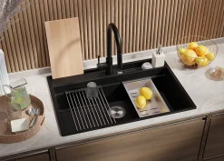 PRIMAGRAN Evier Cuisine en Granit Noir Métallisé 78x53cm, Lavabo 1 bac + Accessoires, Évier à Encastrer au meuble 80cm