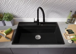 PRIMAGRAN Evier Cuisine en Granit Noir Métallisé 78x53cm, Lavabo 1 bac + Accessoires, Évier à Encastrer au meuble 80cm
