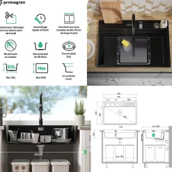 PRIMAGRAN Evier Cuisine en Granit Noir Métallisé 78x53cm, Lavabo 1 bac + Accessoires, Évier à Encastrer au meuble 80cm