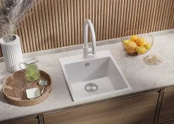 PRIMAGRAN Evier Cuisine en Granit Tout Blanc 43x50cm, Lavabo 1 bac + Kit de Vidage, Évier à Encastrer au meuble 45cm - Riga