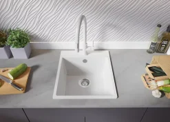 PRIMAGRAN Evier Cuisine en Granit Tout Blanc 43x50cm, Lavabo 1 bac + Kit de Vidage, Évier à Encastrer au meuble 45cm - Riga