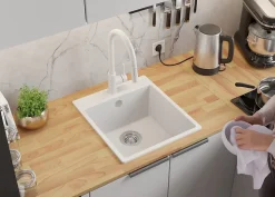 PRIMAGRAN Evier Cuisine en Granit Tout Blanc 43x50cm, Lavabo 1 bac + Kit de Vidage, Évier à Encastrer au meuble 45cm - Riga